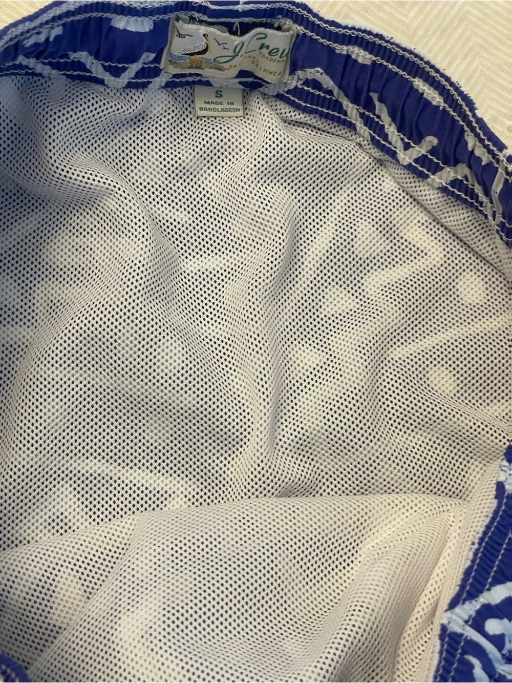 J. Crew Blue & White Geometric Swim Trunks with Orange Drawstring